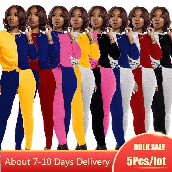 

women's two piece pants 5pcs bulk wholesale item womens patchwork tracksuit set long sleeve sportsuit clothes for women loungewear, White