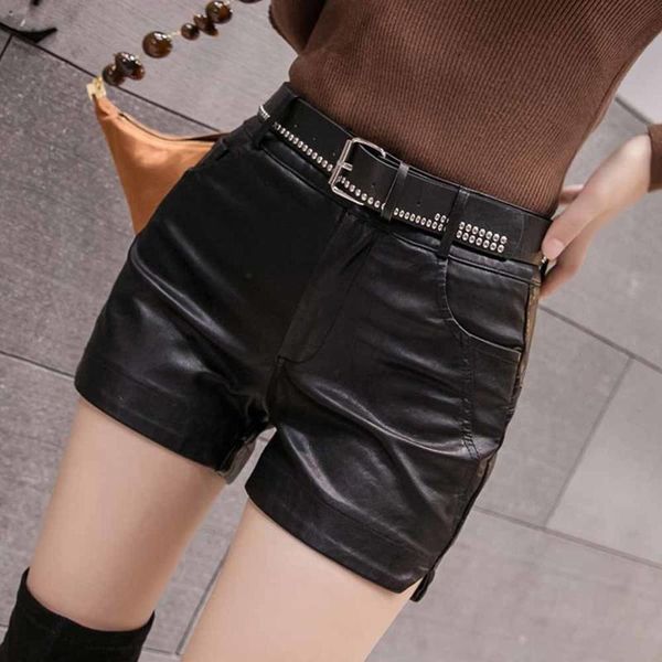 

women's shorts 2021 style for autumn winter high waist slim front skirt black shirts rivet pu leather short, White;black