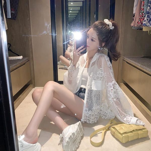 

women's jackets summer fashion hollow-out embroidery white long-sleeve lace sun-proof coat with blouse, Black;brown