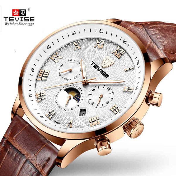 

mechanical tevis 2021 new automatic watches leather band week date month man waterproof relogio masculino, Slivery;brown