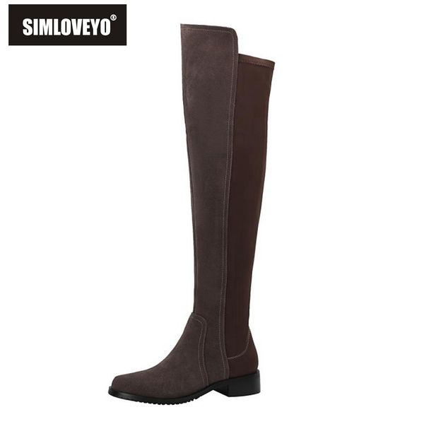 

boots simloveyo women's genuine suede leather stretch fabric patchwork winter over the knee leisure long black slim shoes