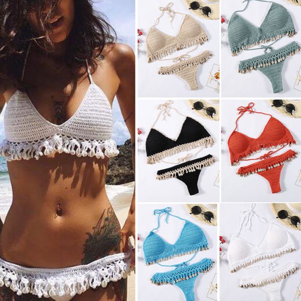 

shell hook bikini 2021ins split beach women's knitted swimsuit set, White;black