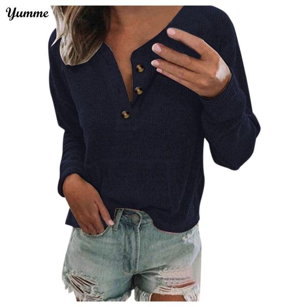 

women's t-shirt ladies elegant v-neck solid color button casual pullover long sleeve loose t shirt for women ropa mujer #lr4, White