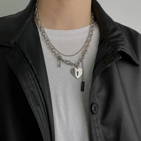 

pendant necklaces u-magical punk stainless steel double layer love heart necklace for women lock key chunky chain choker jewelry, Silver