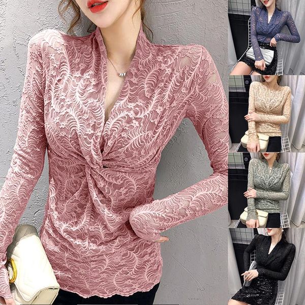 

women's t-shirt autumn long-sleeved lace pattern slash neck hollow out tight-fitting chiffon woman solid women, White