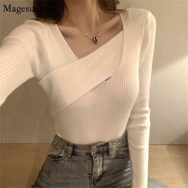 

irregular collar knit sweater women solid casual autumn winter clothes slim all-match bottoming pullover 10374 210512, White;black