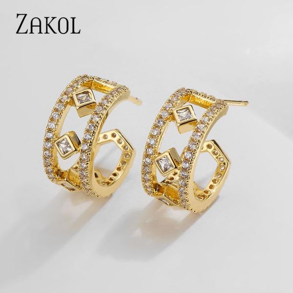 

hoop & huggie zakol fashion square cubic zirconia gold color geometry earrings for women girl cute c shape party jewelry ep2936, Golden;silver