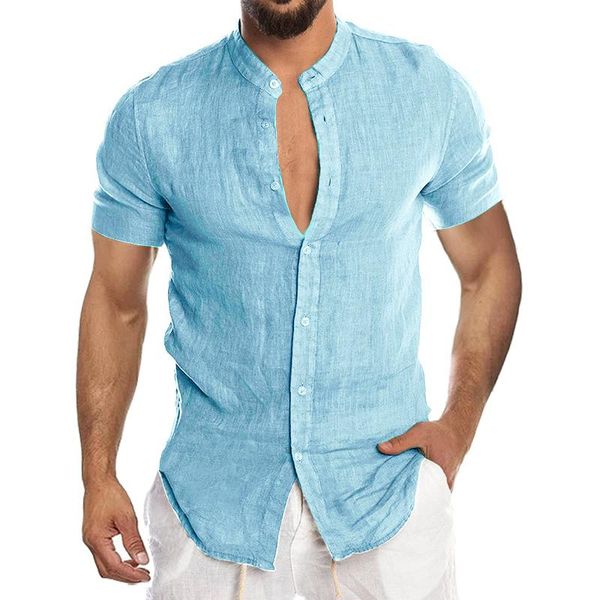 

men's casual shirts blouse cotton linen shirt short sleeve summer button-down for men, White;black
