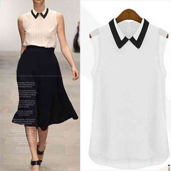 

shirt doll collar mesh chiffon shirt trend sleeveless slim vest black and white color matching lapel