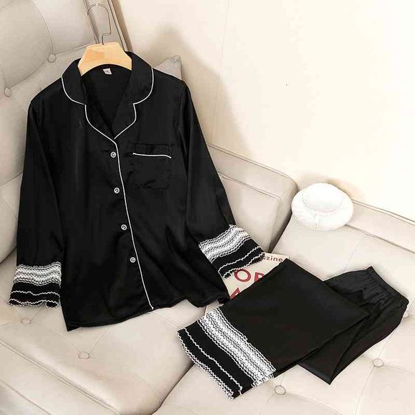 

women's sleepwear lace pajamas suit female satin long sleeve nightwear spring 2pcs sleep set casual pyjamas home clothes n292, Black;red