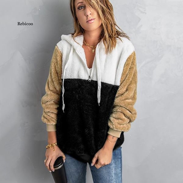 

women's hoodies & sweatshirts women sweatshirt patchwork ladies long sleeve pullover plush autumn winter female warm clothing 2021, Black