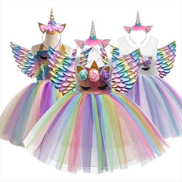 

3 10y baby girl unicorn dress dream sequin kids christmas party formal prom girls princess headdress 3pcs, Red;yellow