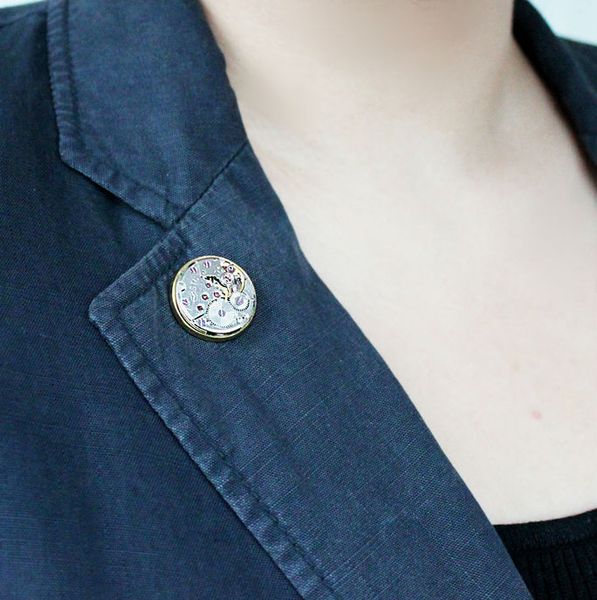 

steampunk watch movement badge lapel pin vintage brooch hand made jewelry, Gray
