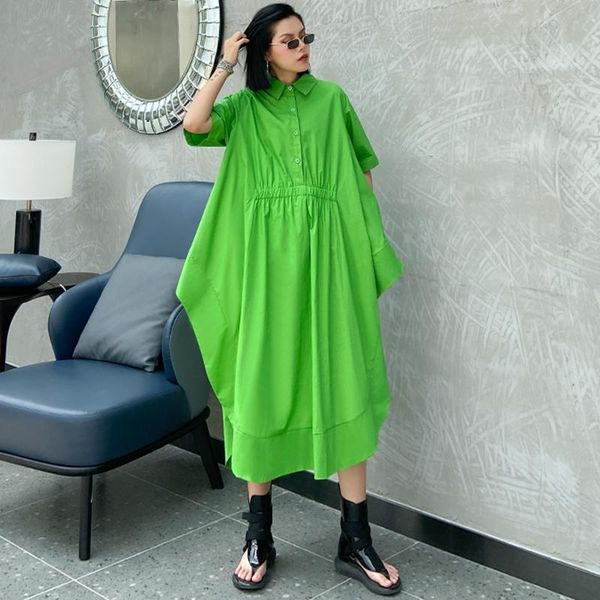 

casual dresses women green big size ruffles pleated dress lapel short sleeve loose fit fashion tide spring summer 2021, Black;gray