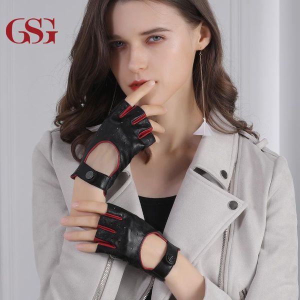 

five fingers gloves gsg fingerless sheep leather women handmade woven fashion gray black brown button ladies half finger driving glove, Blue;gray