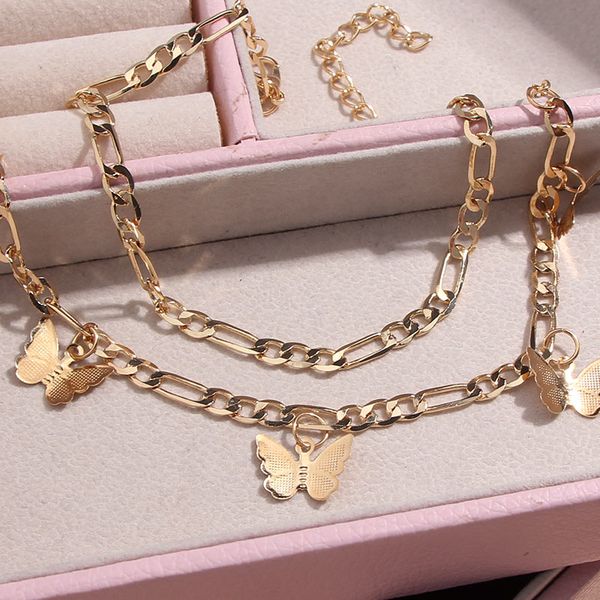 

2pcs/set lovely metal butterfly anklet for women gold color copper chain anklets sandals barefoot beach jewelry gift, Red;blue