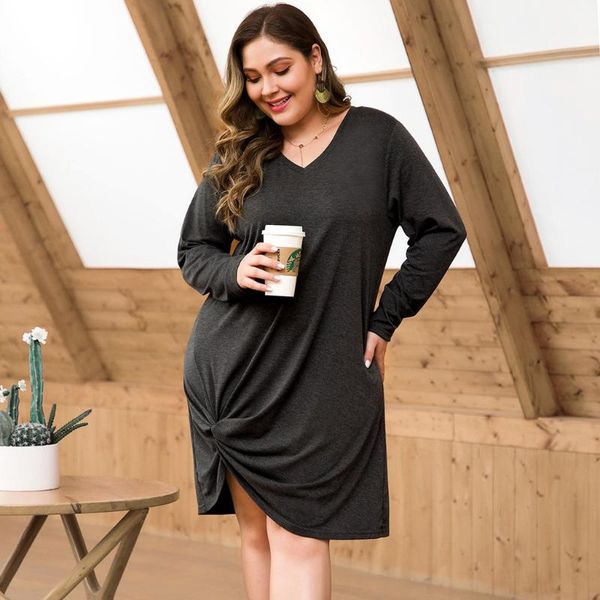 

womail dress women v neck long sleeve solid color loose casual women's dresses hem knotted large size party xl-4xl, Black;gray