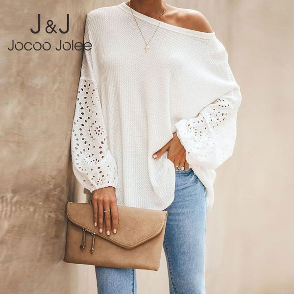 

jocoo jolee elegant white loose blouse women embroidery floral hollow out shirt casual lantern sleeve oversized 3xl blusas 210518