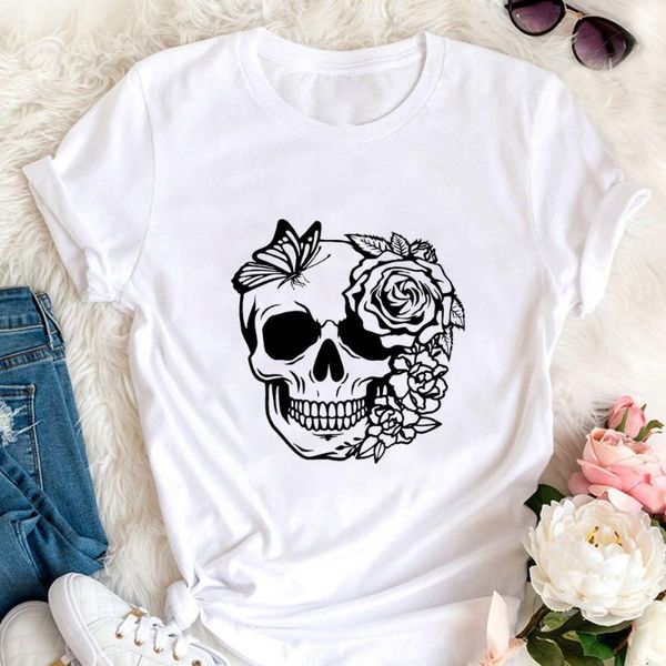 

women's t-shirt skull rose butterfly print 100%cotton women funny summer casual short sleeve halloween party tee goth, White
