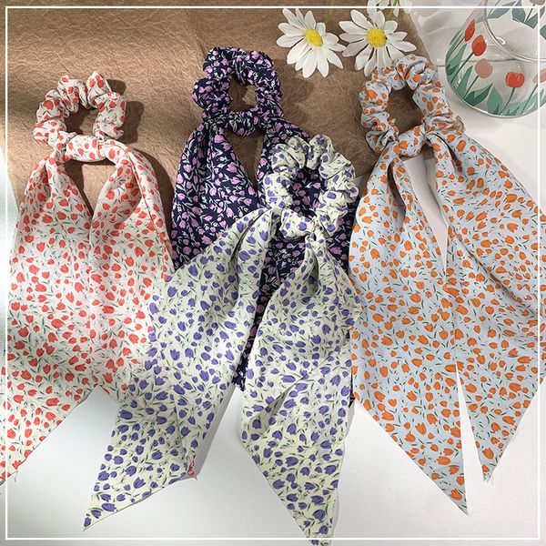

retro floral print hair scrunchies long ribbons women ponytail scarf rose flowers elastic hair bands hair accessories, Pink