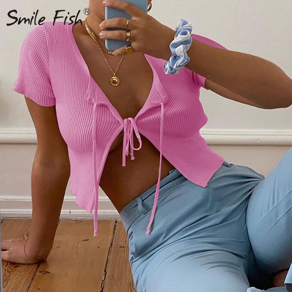 

women's t-shirt bandage open stitch women v-neck song sleeve short t shirts front lace up knitted crop 2021 streetwear knit tees g, White