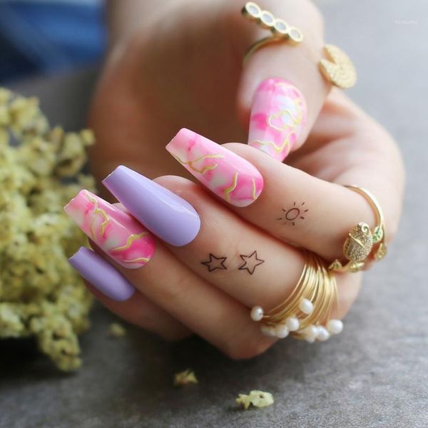 

design nails lavender fake for ballerina rose blooming long false1, Red;gold