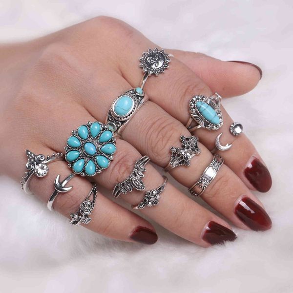

chinese style products d0319 diamond turquoise sun moon 12 piece joint ring set