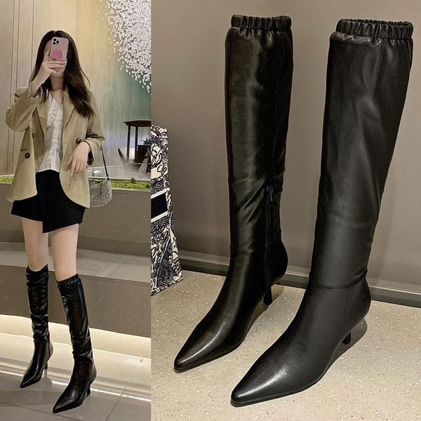 

boots fashion women stretch knee pointed toe black white side zipper elegant autumn winter knight woman size 35-39
