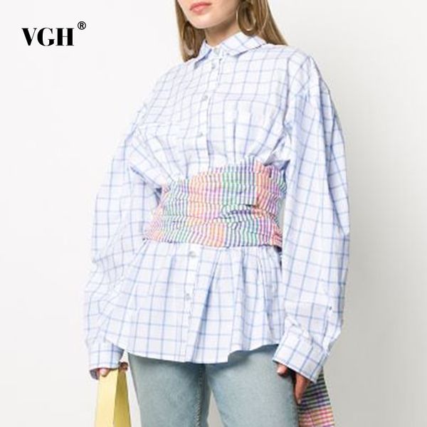 

vgh plaid shirt women high waist belt bowknot long sleeve lapel collar oversized backless zipper shirts female spring new 210421, White