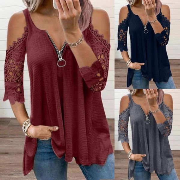 

women's t-shirt summer half sleeve lace shirt women casual zipper v neck loose t plus size hollow out sling elegant pullover, White