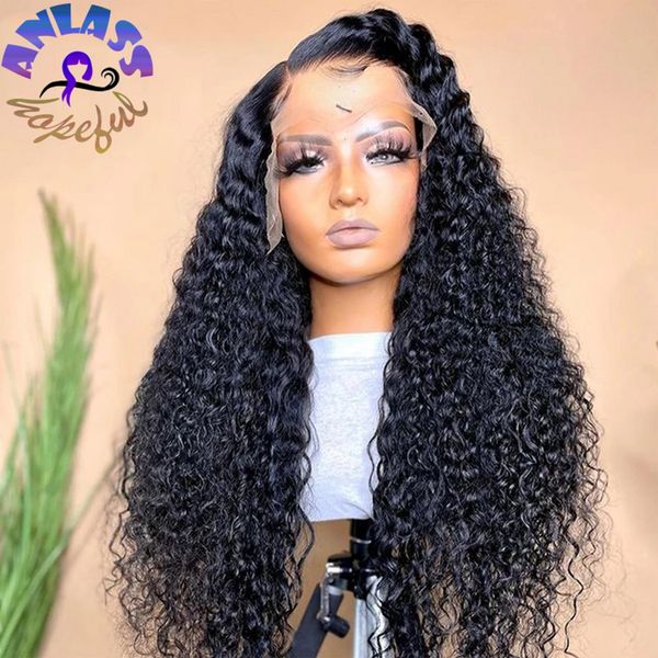 Longa Black / Ombre Loira / Red Lace Front Wig para Mulheres Kinky Curly Perucas Sintéticas Simulação Humano Cabelo Resistente ao Calor