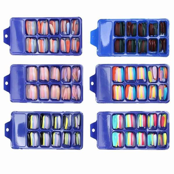 

false nails with glue artificial pure color full cover nail tip home salon stylish colorful fake manicure, Red;gold