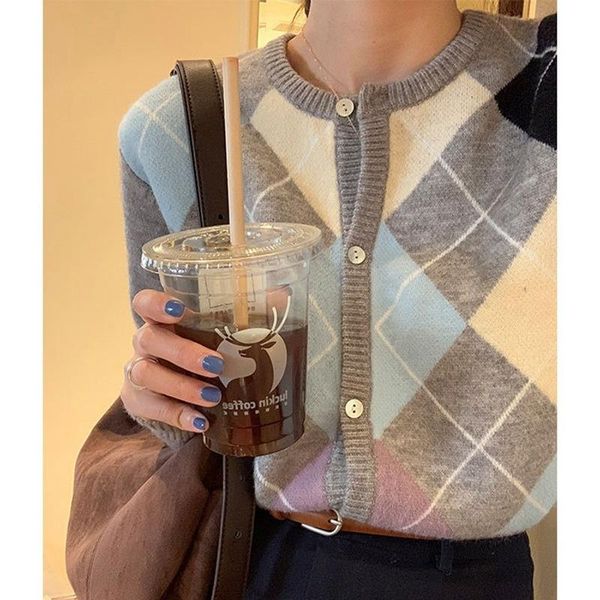 

women's wool & blends 2021 early autumn soft waxy gentle wind knitted cardigan loose outer coat korean round neck plaid woolen woman, Black