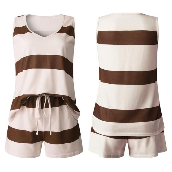 

women's tracksuits deep v-neck vest & tether striped shorts suit coffee, Gray