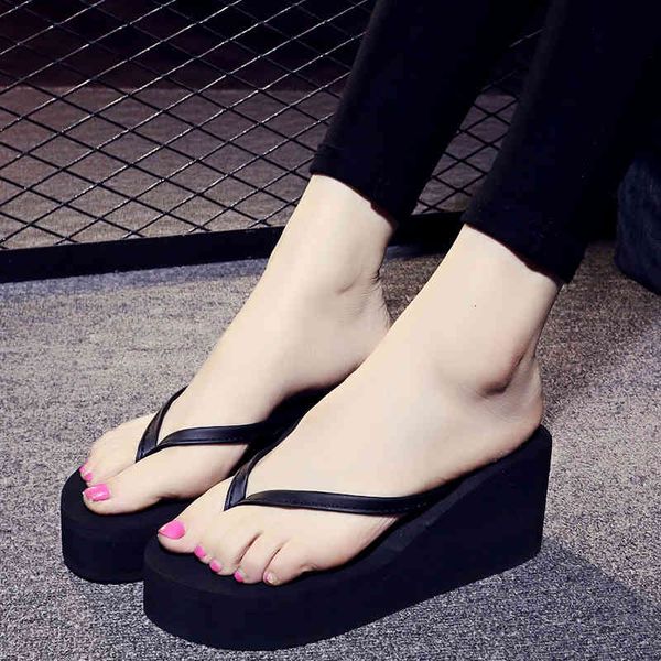 

slippers jumpmore platform shoes flip-flops high-heeled straps solid color sandals women beach size 33-40 x4fm, Black