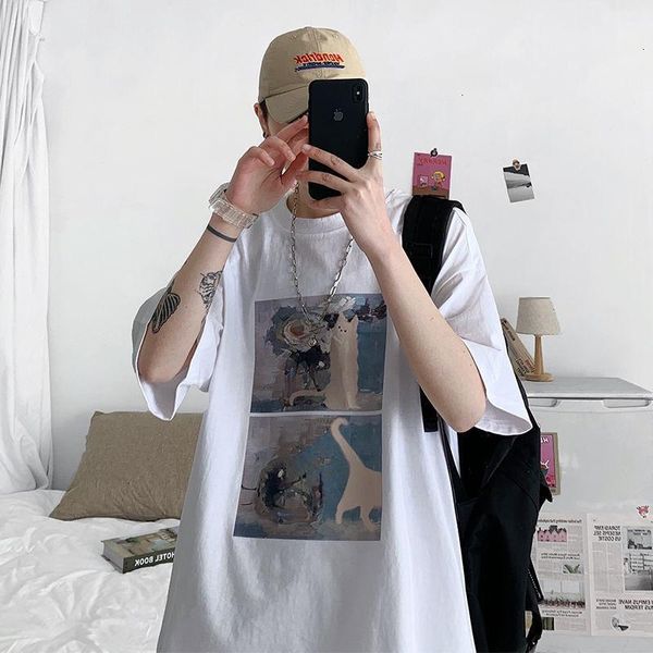 

men's t-shirts extfine cat oil painting printed t-shirt man short sleeve harajuku streetwear casual fashion male clothing, White;black