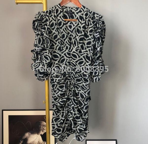 

casual dresses [7evening] - silk black print mini dress v-neck 3/4 puff sleeves front creased gathered detail woman fashion short, Black;gray