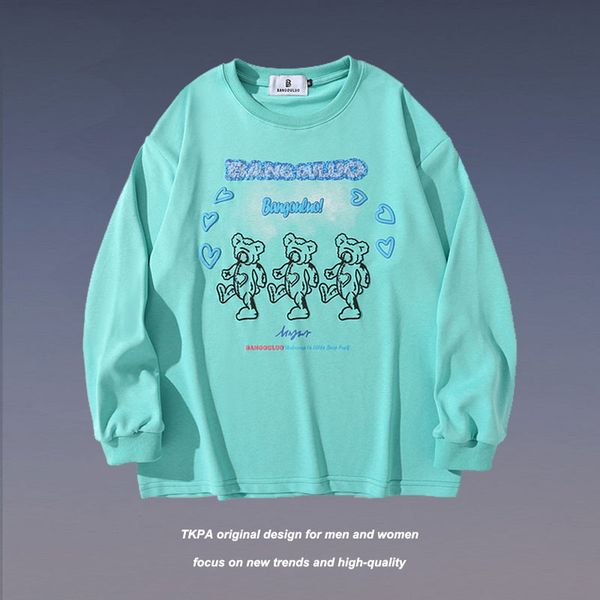 

tkpa guochao american street love bear print korean loose long sleeve t-shirt men's and women's fashion brand, White