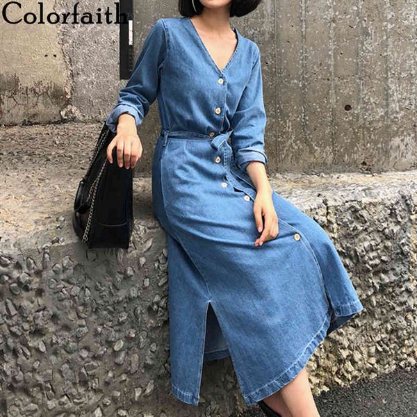 ColorFaith Neue Herbst Winter Frauen Denim Holiday V-Ausschnitt Einzelreihe Schnürungstaschen Schlitz Übergroße langes Kleid DR2912 210413