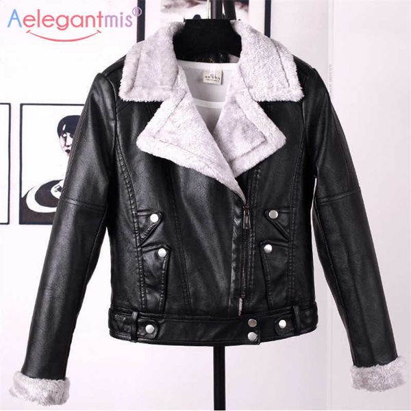 

aelegantmis autumn winter leather jacket women faux fur coat ladies slim short motorcyle biker basic warm plush outerwear 210607, Black