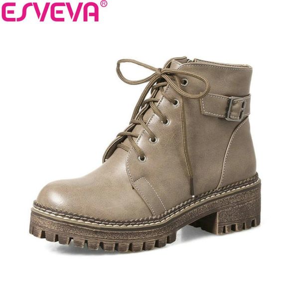 

boots esveva 2021 women autumn spring shoes ladies western style buckle strap pu leather square heel ankle size 34-43, Black