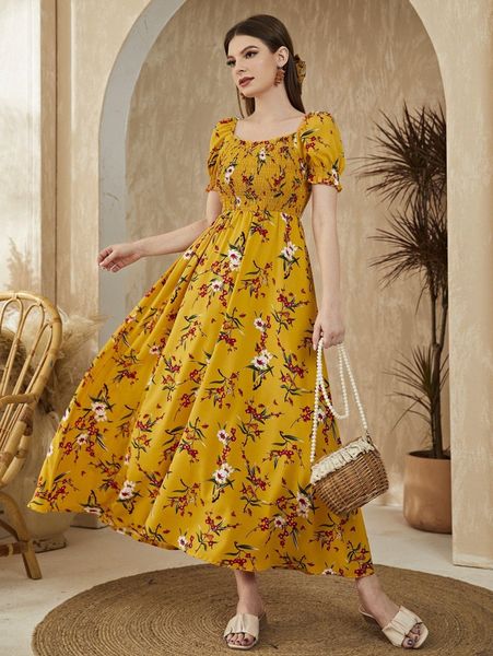 

floral square neck shirred a-line dress s72y#, Black;gray