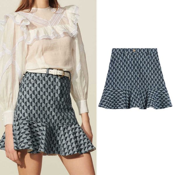 

s fadan family 2021 summer letter jacquard denim skirt women's slim short ruffle fishtail, Black