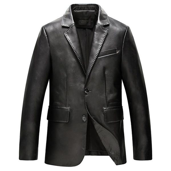 

men's leather & faux mens genuine pure natural sheep black lapel collar mid-length fashion slim sheepskin jacket coat large size  xxl