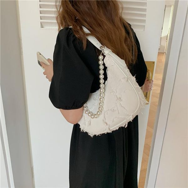 

cross body fashion women's tassel hobos shoulder bag elegant design ladies underarm bags female half moon handbags with pearl chain