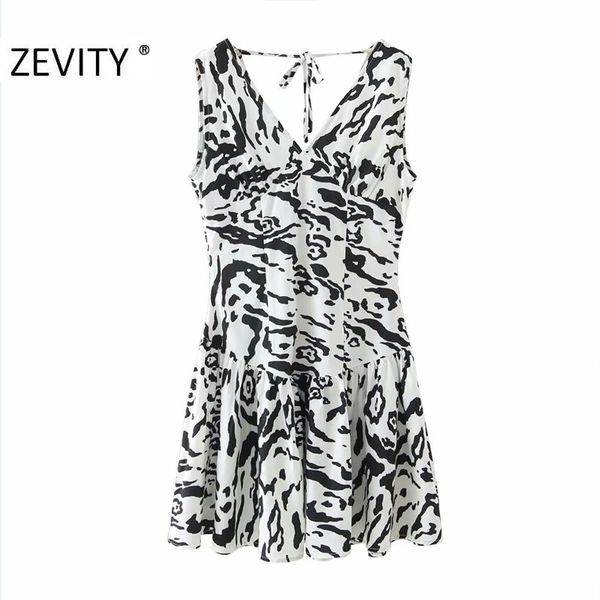 

zevity women v neck animal texture print sleeveless vest mini dress lady leopard vestido chic hem pleats dresses ds4521 210419, Black;gray