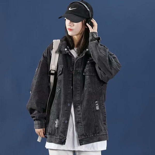 

women's jackets large size 3xl vintage women jacket 2021 autumn winter oversize denim washed blue jeans coat outwear bomber, Black;brown