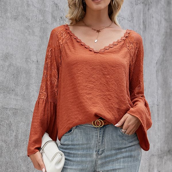 

2021 women's wear solid color splicing lace cut-out v-neck long sleeve top, White