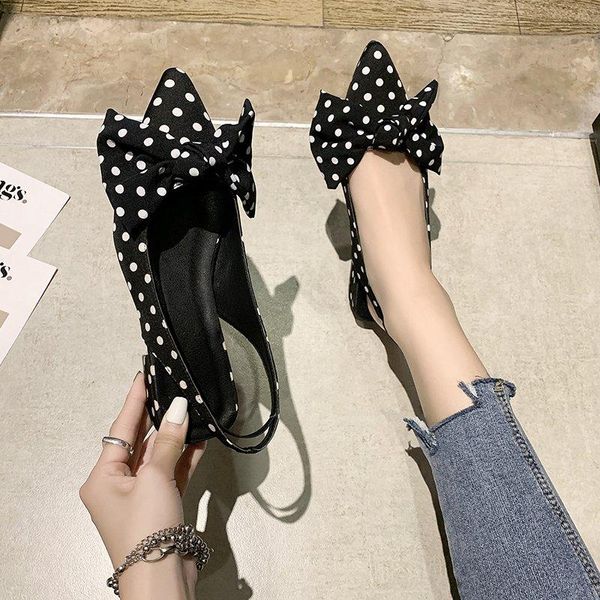 

polka dot bow no heel roman toe cap sandals ins fairy style shallow mouth with pointed back empty single shoes, Black