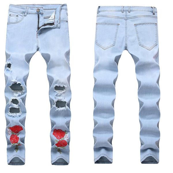 

men's jeans men spring and summer self-cultivation pedicure 2021 embroidery stretch tide brand trendy trousers high-end ripped, Blue
